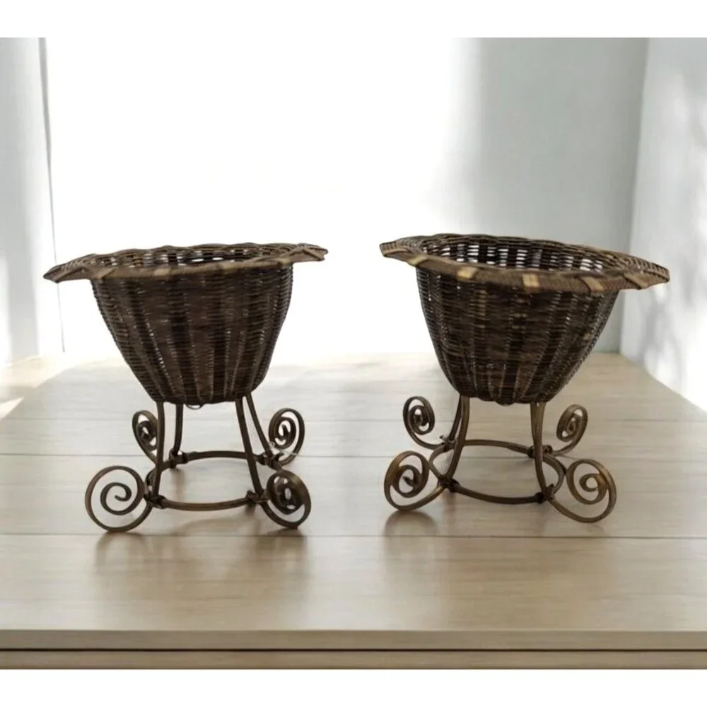 Set Of 2 Vintage Antique Brass Tiny Woven Baskets, egg holder